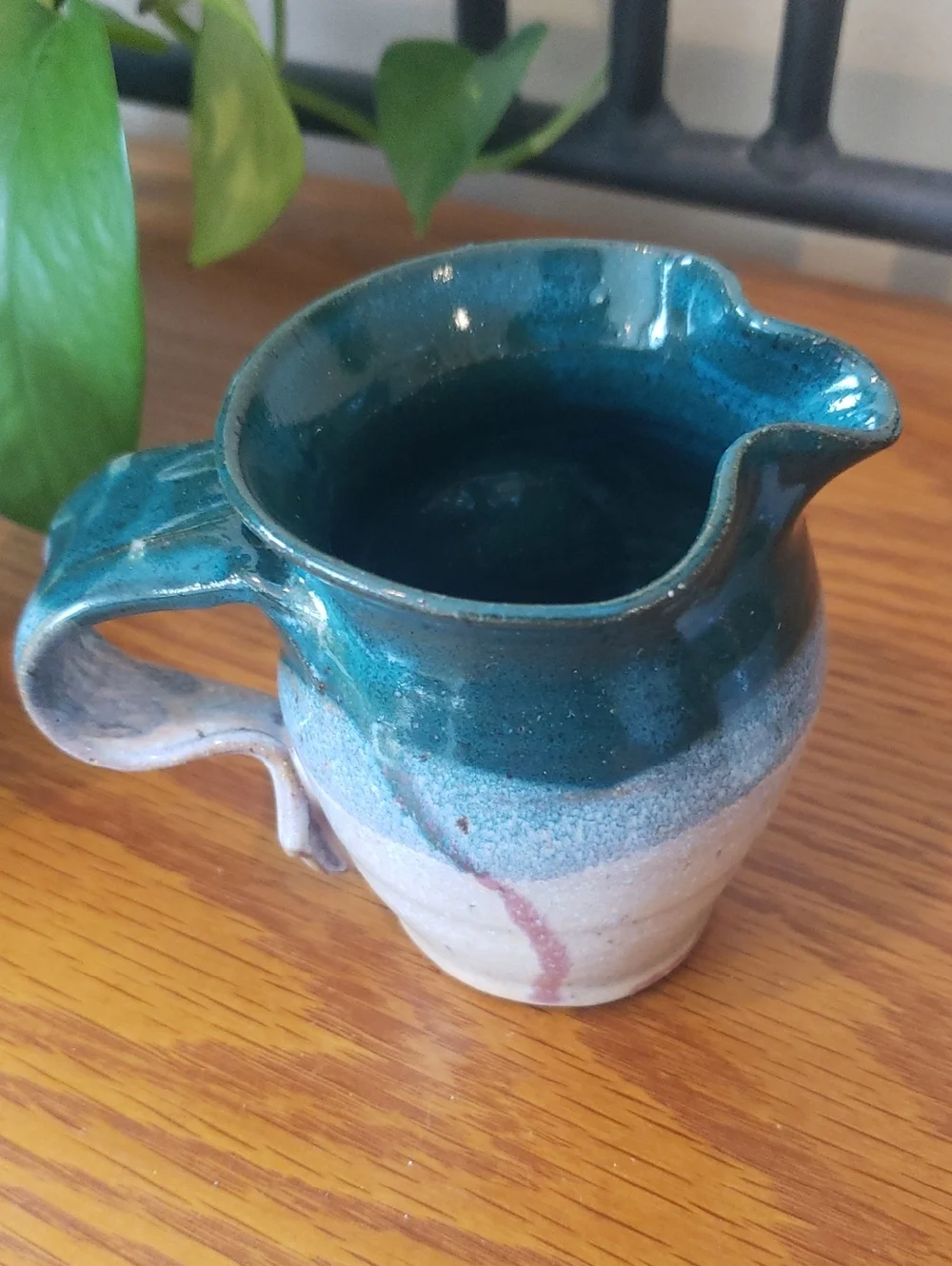 Vtg Handcrafted Stoneware Creamer and Sugar Jar With Spoon - Teal and Cream